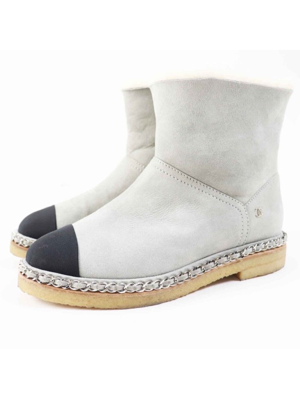 Chanel CC Logo with Chain Shearling Boots Light Gray Black Silver